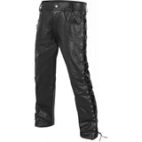 Mens Side Laces Thick Black Leather Motorcycle Pants
