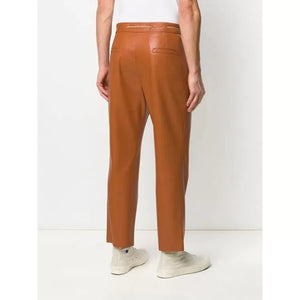 Mens Drawstring Waist Tan Leather Pant