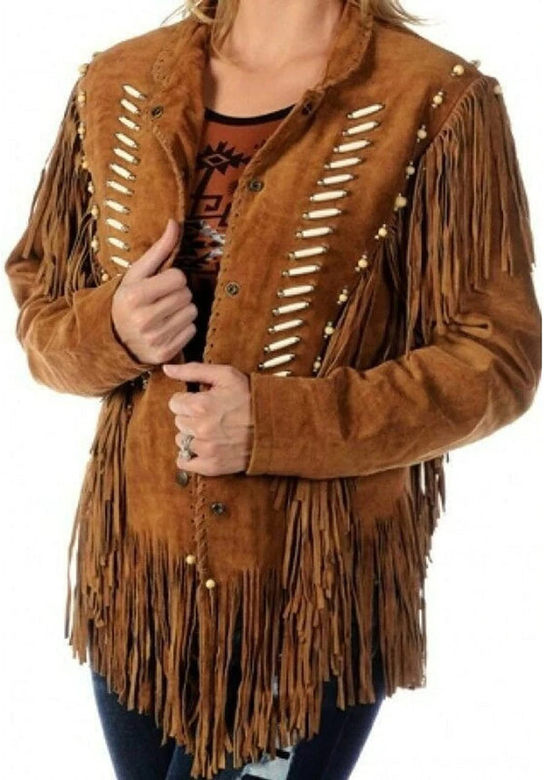 WESTERN WOMEN'S BROWN REAL SUEDE FRINGE LEATHER JACKET