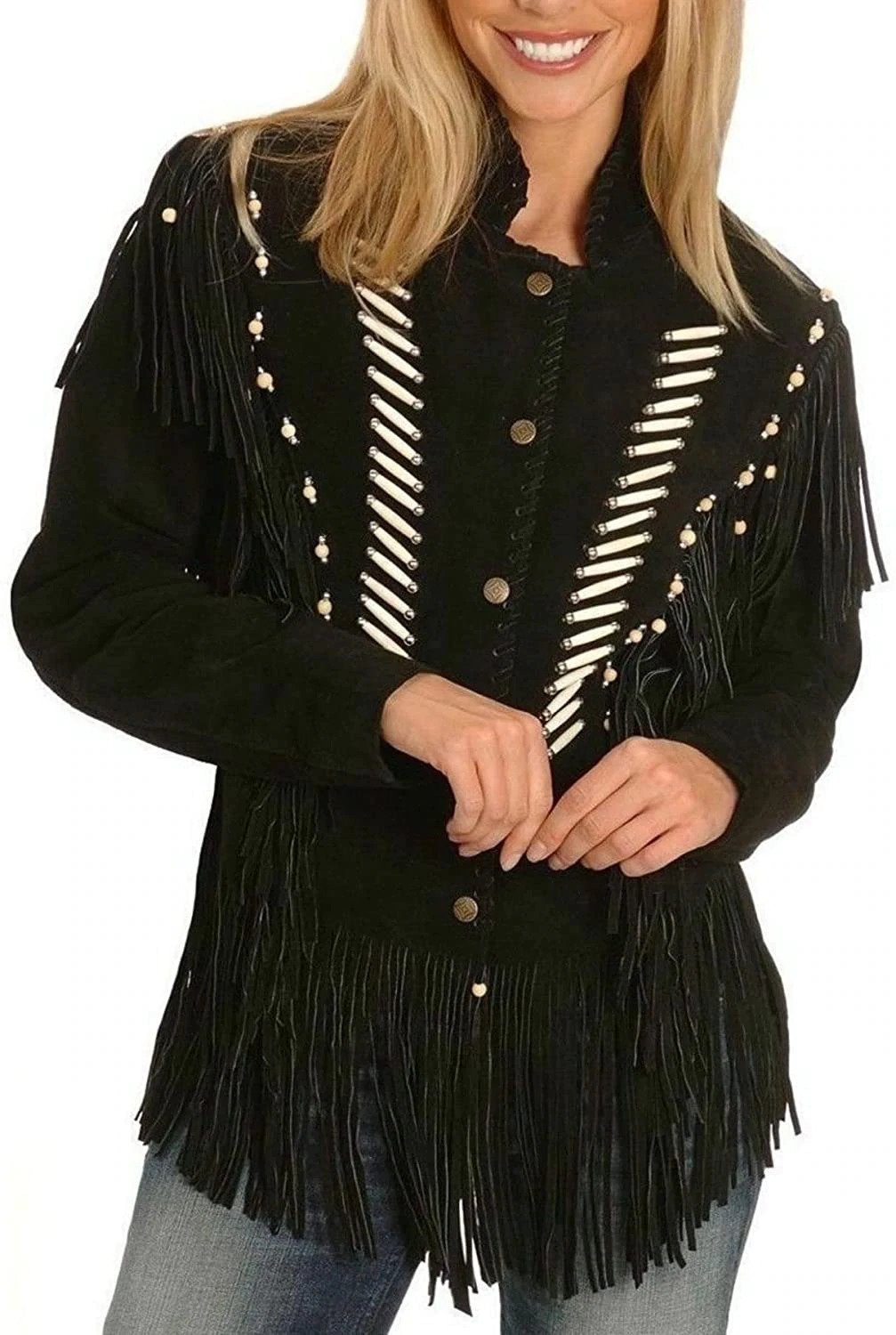 WESTERN WOMEN'S BLACK REAL SUEDE FRINGE LEATHER JACKET