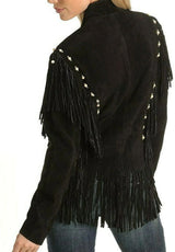 WESTERN WOMEN'S BLACK REAL SUEDE FRINGE LEATHER JACKET