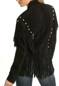 WESTERN WOMEN'S BLACK REAL SUEDE FRINGE LEATHER JACKET