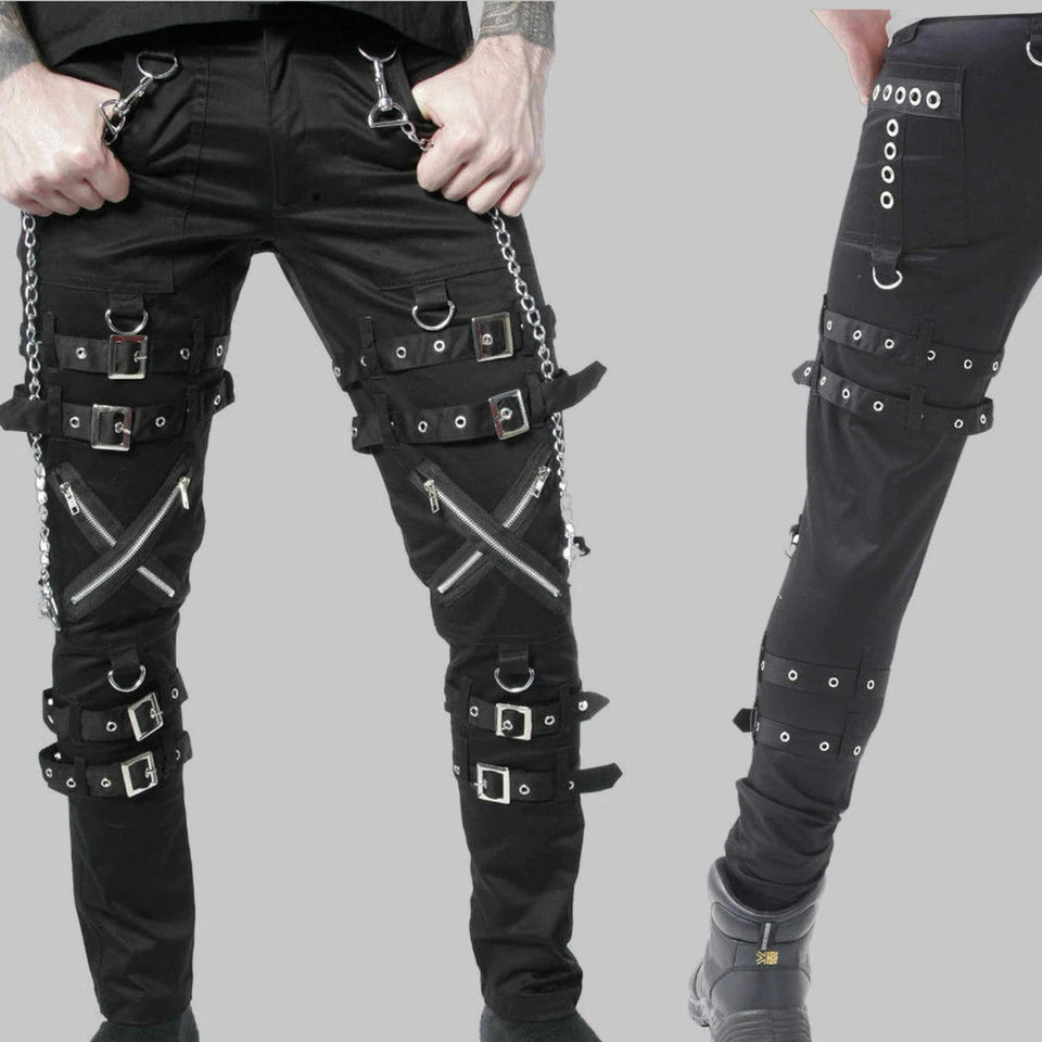 MENS GOTHIC PANT DEAD THREADS BUCKLES ZIPS CHAINS STRAPS BLACK TROUSERS CYBER PUNK, TROUSER