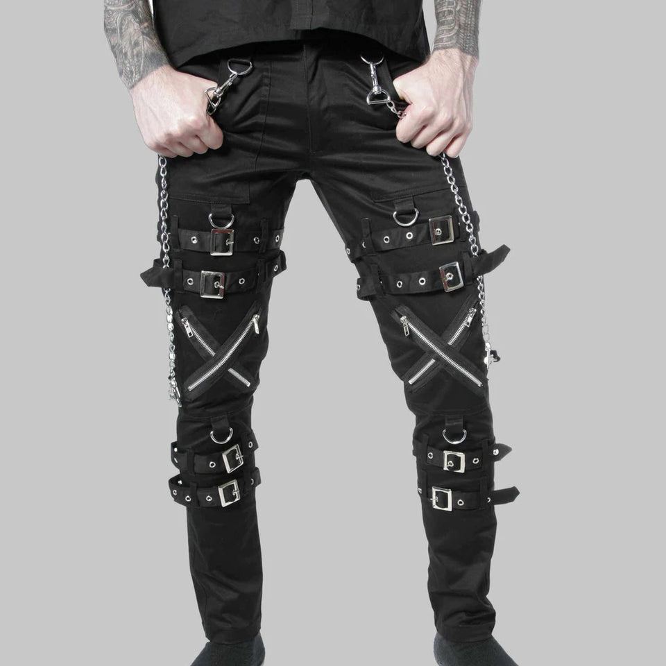 MENS GOTHIC PANT DEAD THREADS BUCKLES ZIPS CHAINS STRAPS BLACK TROUSERS CYBER PUNK, TROUSER