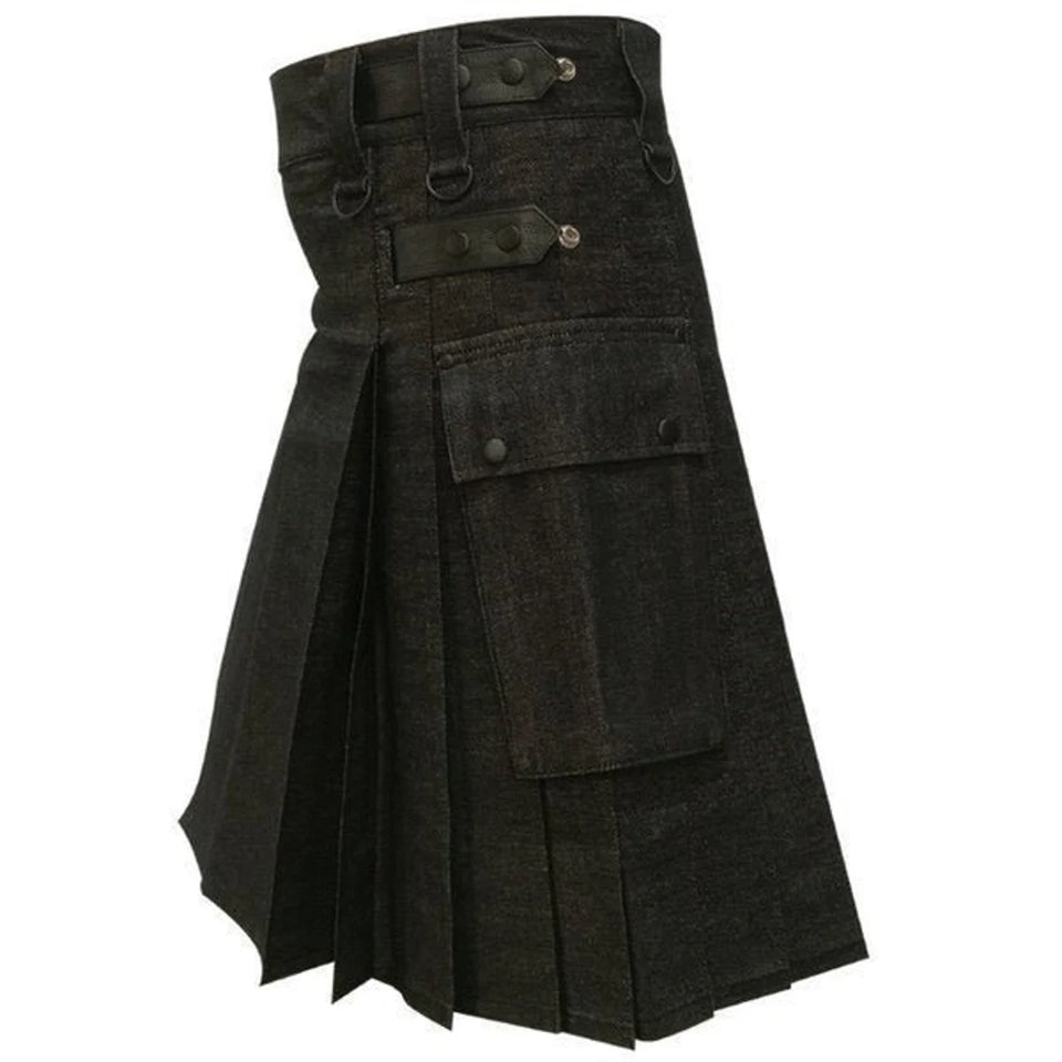 Men's Black Denim Utility Kilt For Men