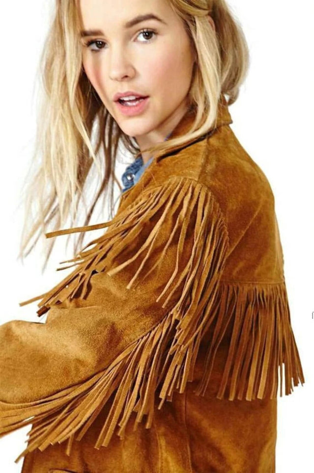 Women tan brown suede western style leather jacket fringe
