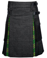 Men's Modern Hybrid Black Denim & Irish Tartan Kilt Handmade Hybrid Utility Kilt