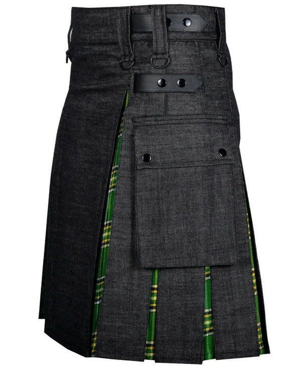 Men's Modern Hybrid Black Denim & Irish Tartan Kilt Handmade Hybrid Utility Kilt