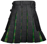 Men's Modern Hybrid Black Denim & Irish Tartan Kilt Handmade Hybrid Utility Kilt