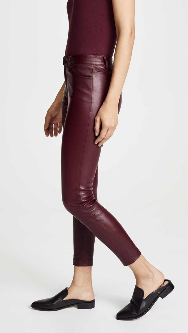Women Genuine Lambskin Trousers Burgundy Real Leather Skinny Pants Designer Leggings - Fashions Garb
