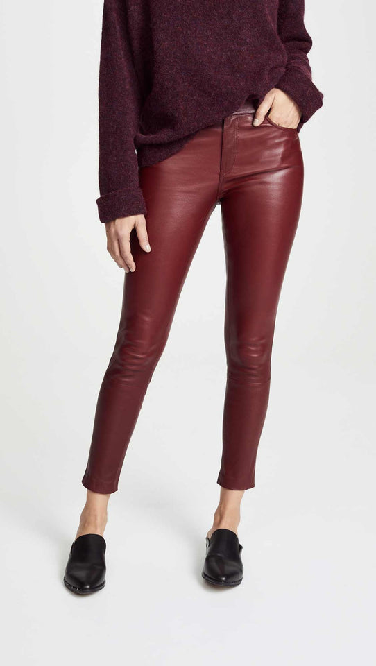 Women Genuine Lambskin Trousers Burgundy Real Leather Skinny Pants Designer Leggings - Fashions Garb