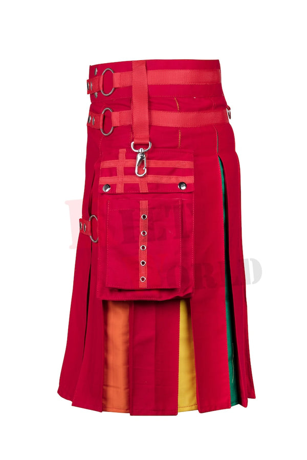 Men's Scottish Red Rainbow Nylon Strap Hybrid Utility Kilt LGBT Pride Kilt