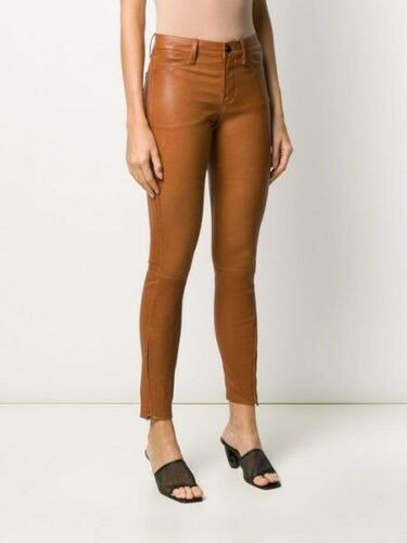 Brand new Women Genuine Lambskin Trousers Tan colour Real Leather Skinny Pants Designer Leggings - Fashions Garb