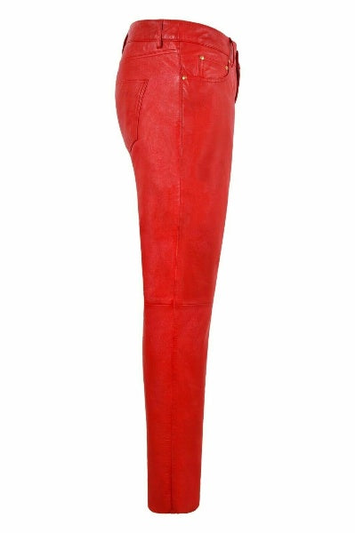 Women Leather Pants Red Jeans Casual Style Pant Real  Trousers 