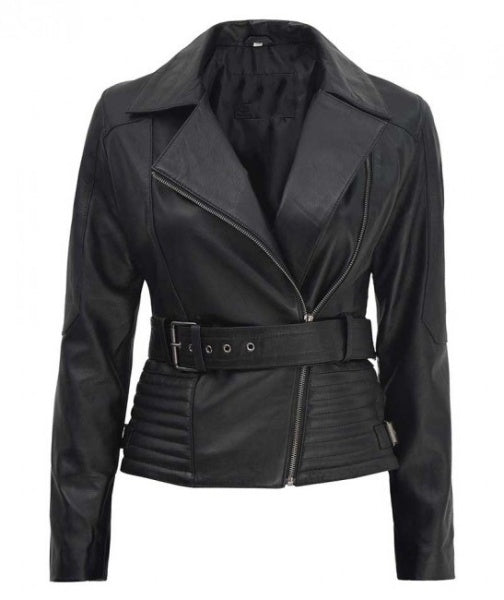 Womens Black Belted Asymmetrical Moto Jacket - Fashions Garb