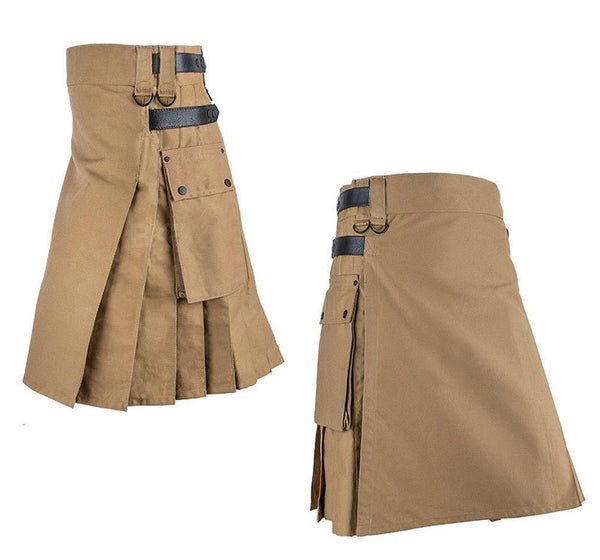 Khaki Men's Scottish Utility Active Men Sports Kilt with leather straps