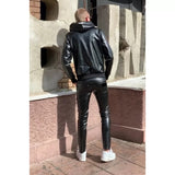 Classic Loose Fit Real Black Leather Pants for mens