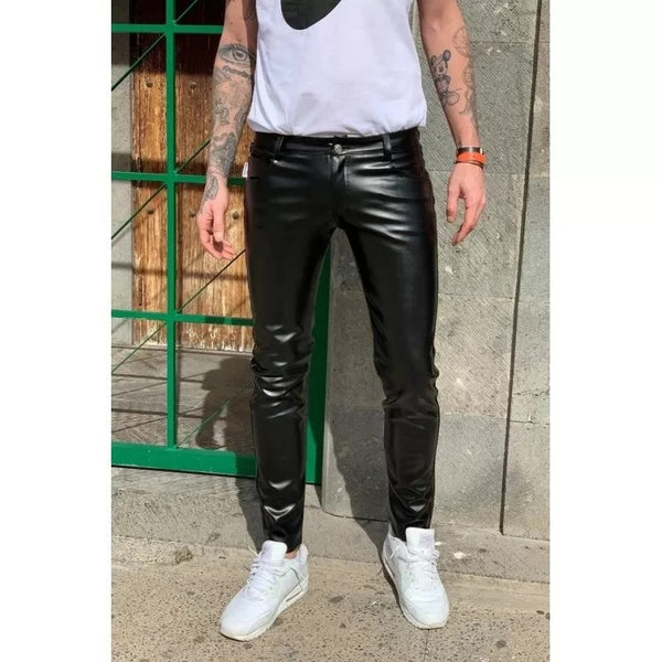 Classic Loose Fit Real Black Leather Pants for mens