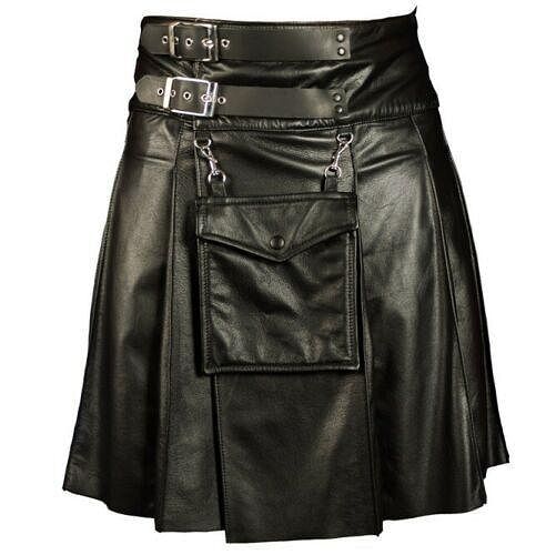 Men's Scottish Black Cowhide Leather kilt Utility