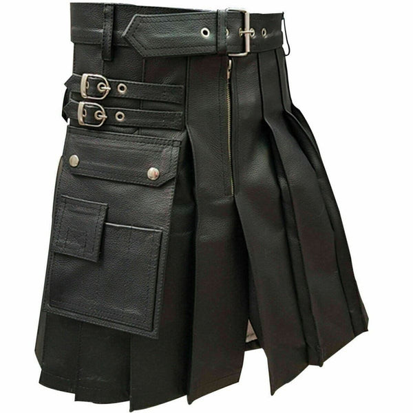 Men Black Cowhide Leather kilt Utility Modern Costume Gladiator Kilt