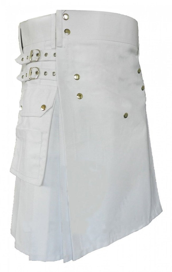 Men White Utility Fashion Active Sport Kilt With 2 Cargo Pockets