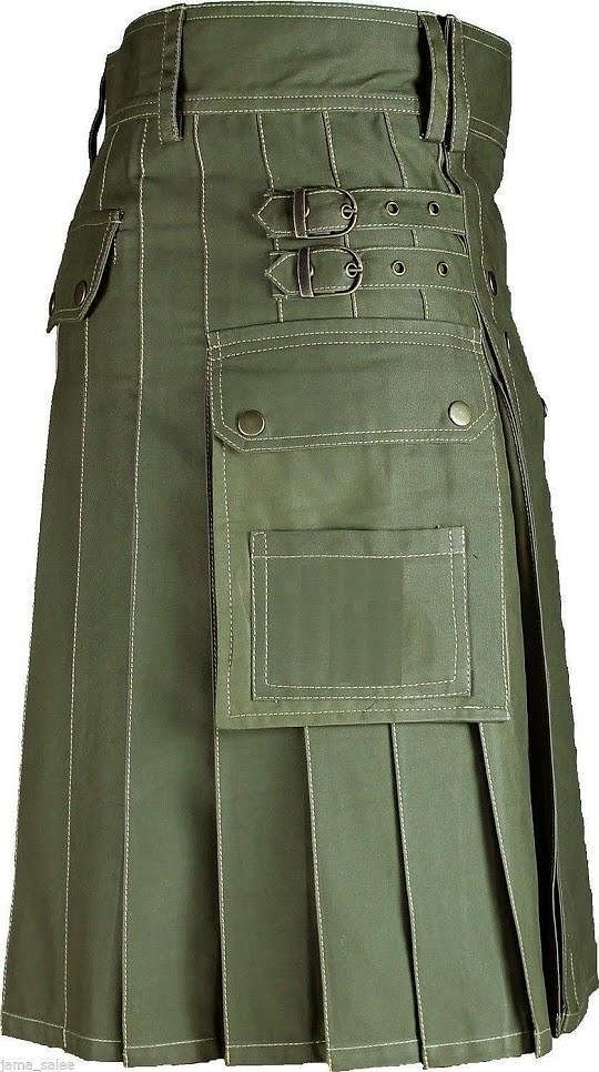 Men's Scottish Olive Green Deluxe Utility Fashion Cargo Sport Kilt