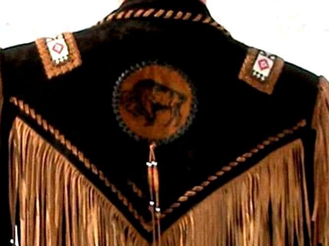 Men's Two Tone Western Fringed Buffalo Coat -Hand Beading And Lacing