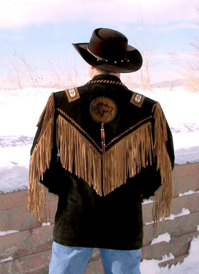 Men's Two Tone Western Fringed Buffalo Coat -Hand Beading And Lacing