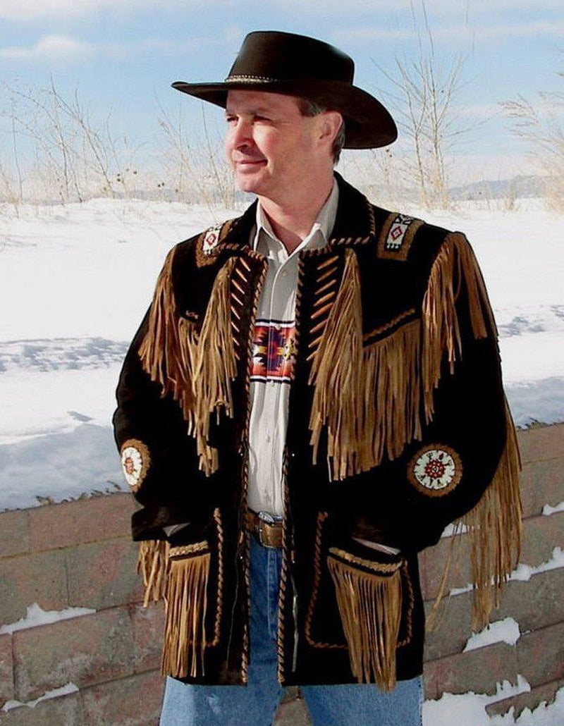 Men's Two Tone Western Fringed Buffalo Coat -Hand Beading And Lacing