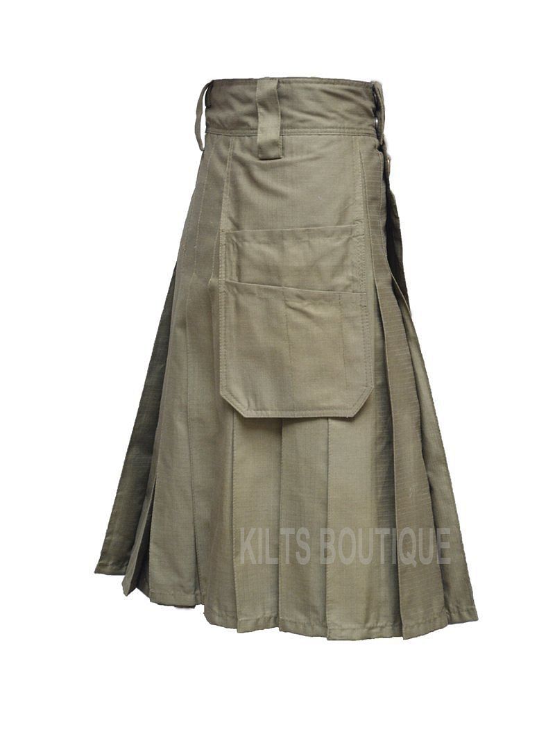 Olive Green Deluxe Utility Work Wear Kilt Working Men with Pockets & loops