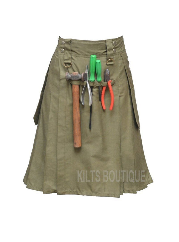 Olive Green Deluxe Utility Work Wear Kilt Working Men with Pockets & loops