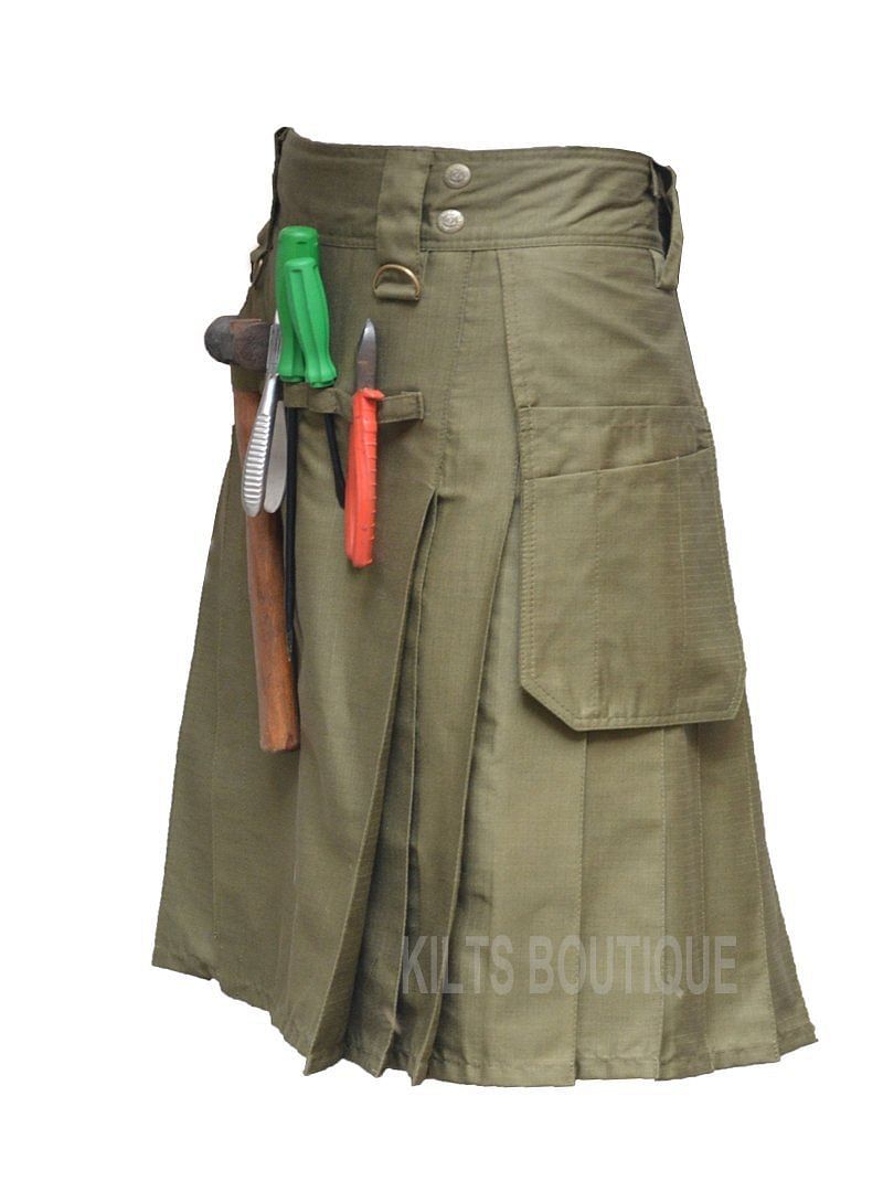 Olive Green Deluxe Utility Work Wear Kilt Working Men with Pockets & loops