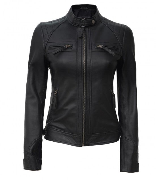 Women Black Quilted Motorcycle Leather Jacket - Fashions Garb