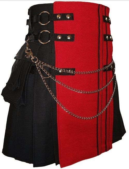 Red & Black Canvas Cotton scottish Fashion Utility Kilt for men