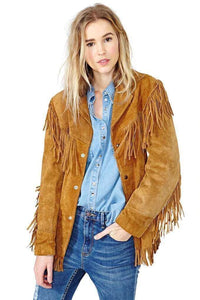 Women tan brown suede western style leather jacket fringe