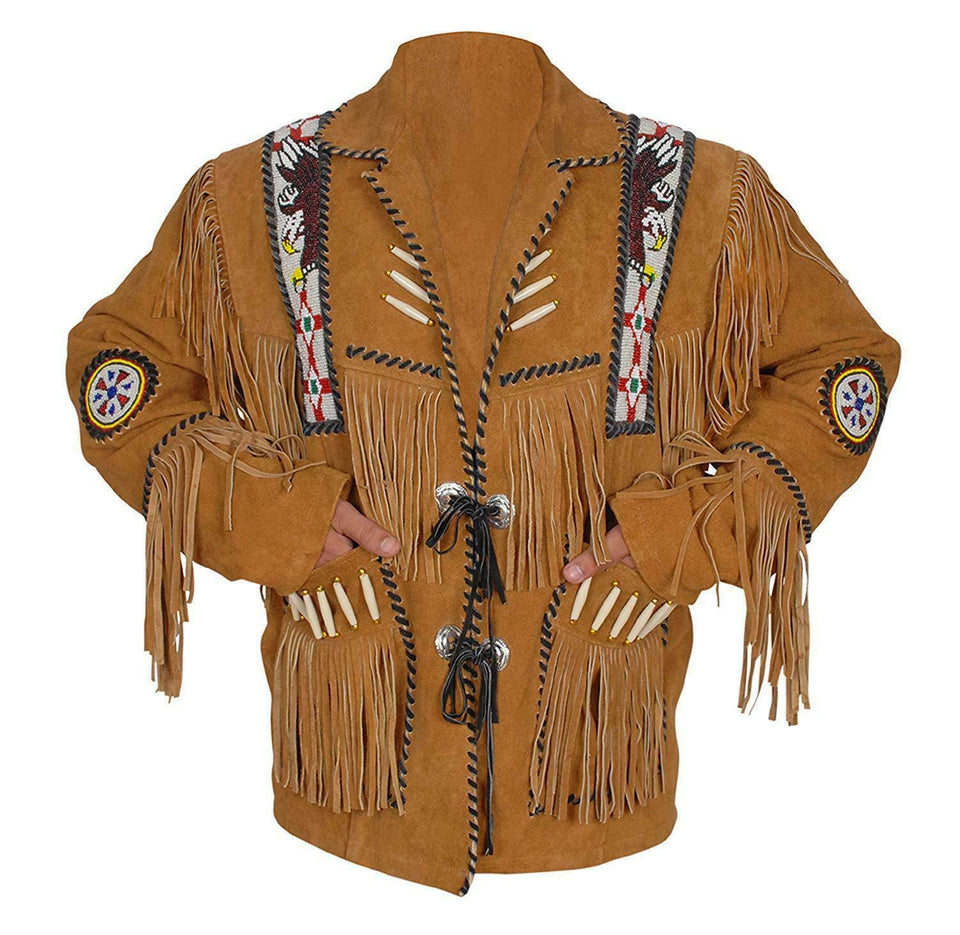 WESTERN WEAR FRINGE STYLE BONE BEADS COAT SUEDE LEATHER COWBOY JACKET HANDMADE