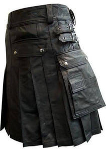 Men's Stylish Black Leather Kilt Twin Cargo Pockets Cowhide Leather