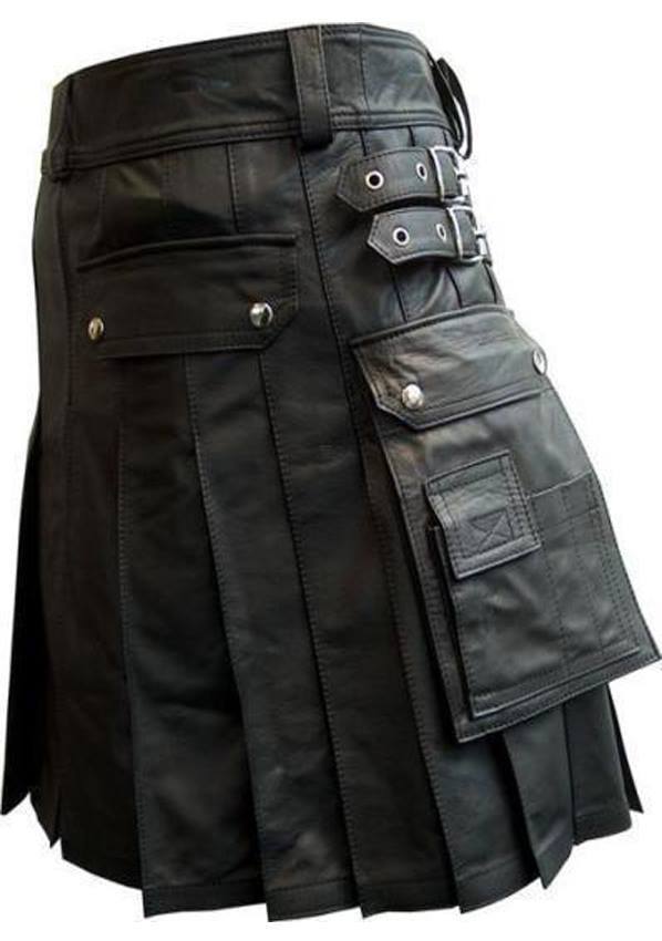 Men's Stylish Black Leather Kilt Twin Cargo Pockets Cowhide Leather