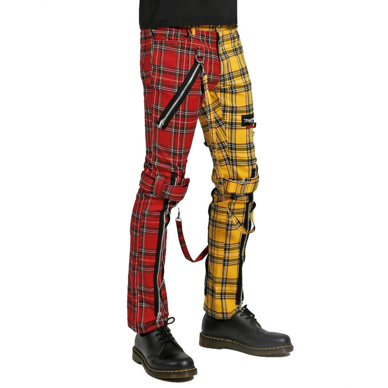 Men Bondage Straps Punk Split Leg Plaid Jeans Pant