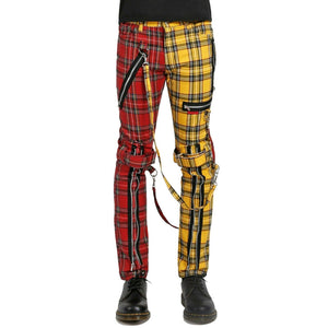 Men Bondage Straps Punk Split Leg Plaid Jeans Pant