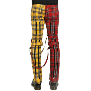 Men Bondage Straps Punk Split Leg Plaid Jeans Pant