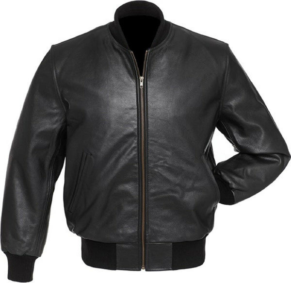 Men's Black Real Leather Zipper Baseball Bomber Jacket 