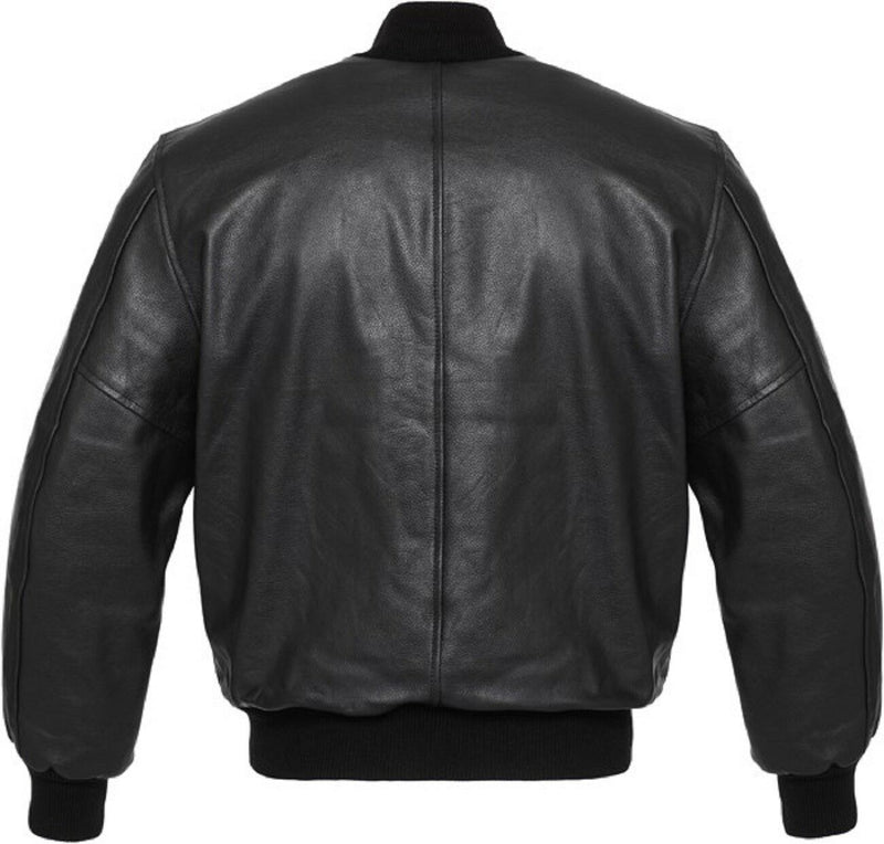 Men's Black Real Leather Zipper Baseball Bomber Jacket 