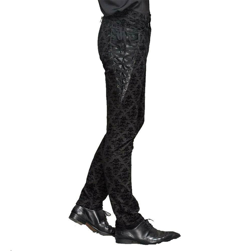 Punk Men Gothic Black Brocade Dress Pants Victorian Printed Bandage
