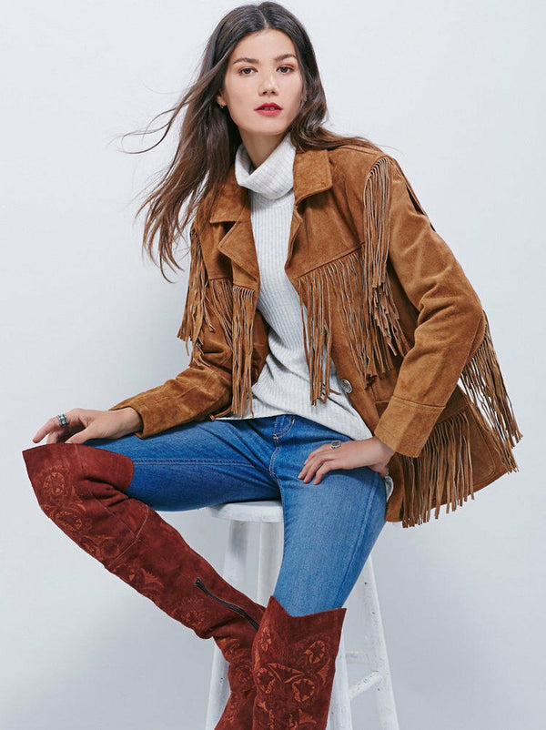 Women's Brown Color Western Style Fringed Coat Suede Leather Jacket