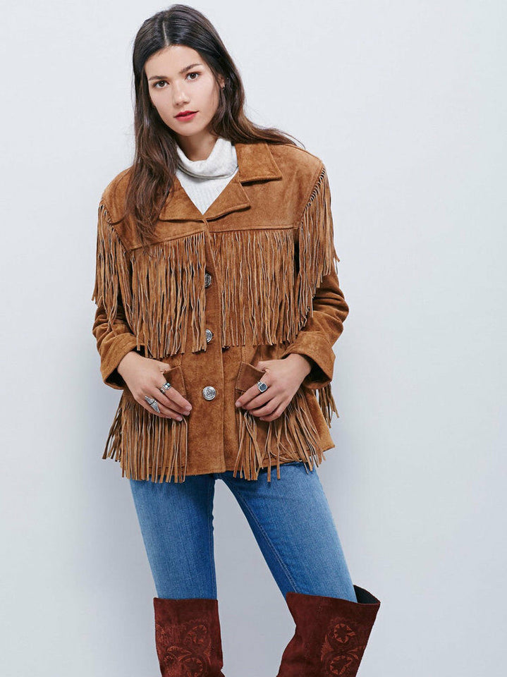 Women's Brown Color Western Style Fringed Coat Suede Leather Jacket