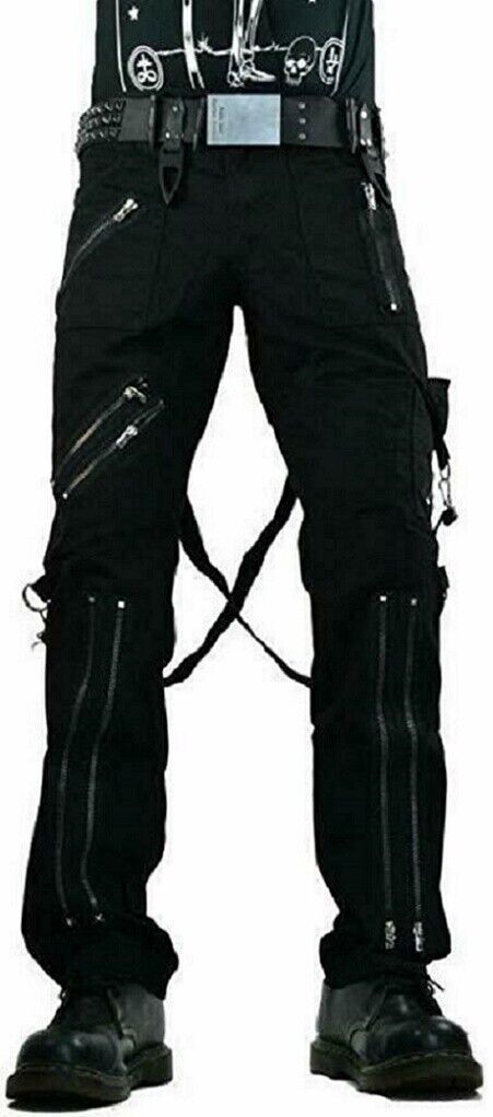 Mens Gothic Straps Zipper Trousers Punk Rock Studs Metal & Chain Trouser Pant