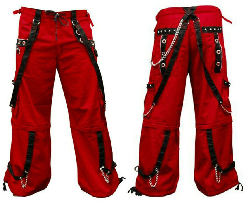 Gothic Men's Red Tripp Pant Trouser Black Straps Punk Rock Metal Chain