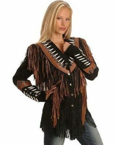 Women Western Style  Brown & Black Suede Leather Fringed Bone Beads Jacket