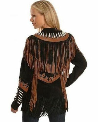 Women Western Style  Brown & Black Suede Leather Fringed Bone Beads Jacket